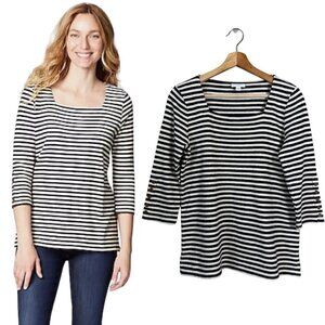NWOT J. Jill Striped Square Neckline Knit Top Women's XS Navy White Fisherman